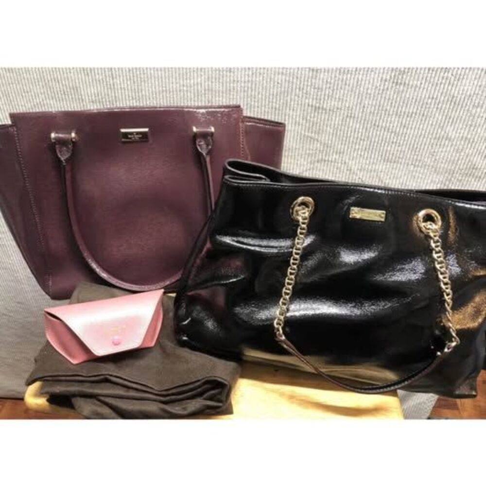 Lot of 2 Kate Spade Tote Purse Burgundy Black Patent Sunglasses Case Dust Bag